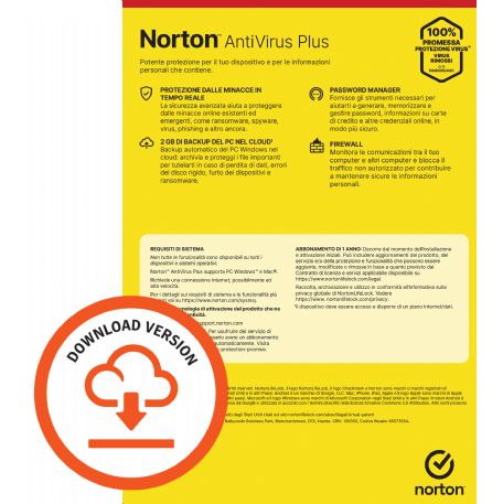 NORTON ANTIVIRUS PLUS 2GB IT 1 USER 1 DEVICE 1Y VECCHIO CODICE 21397559